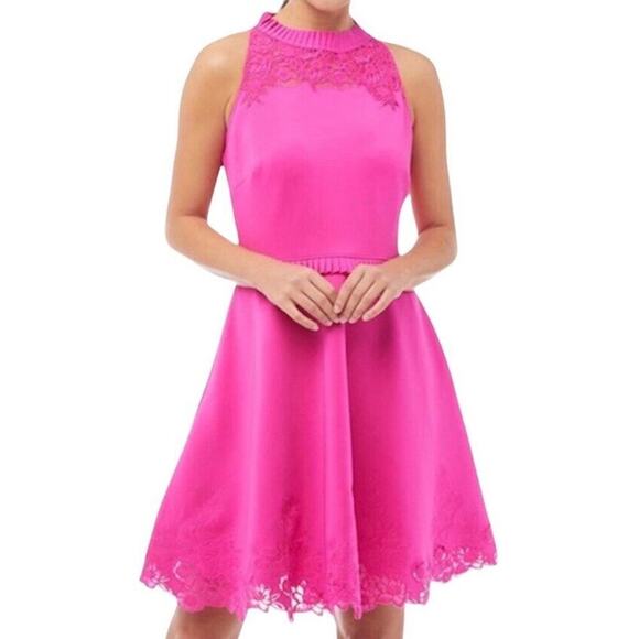 Ted Baker Zaffron Embroidered Skater Dress US Sz 6 Fuchsia Pink Ruffle Fit Flare - Picture 1 of 16